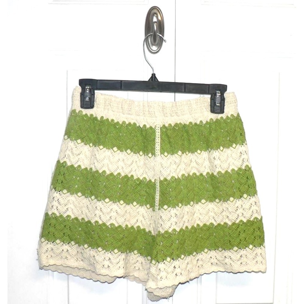 Rebellion Again Women's Crocheted Elastic Lined Shorts in Green & Ivory Medium